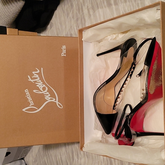 Christian Louboutin Nosy Spikes 100 KID/PVC VERS BLACK/GOLD/ROSE size 38 - Picture 1 of 7